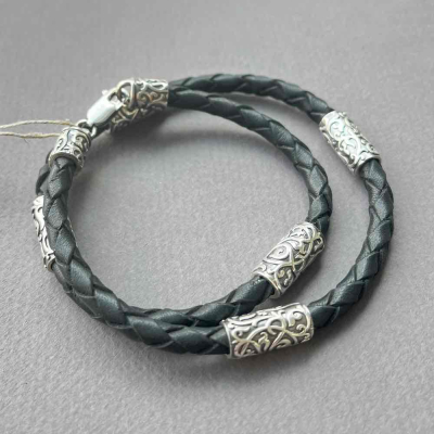 картинка Браслет из кожи и серебра "Византийский узор" (12293) 