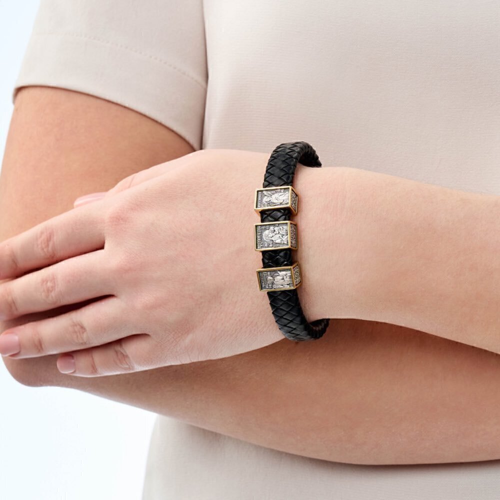 Купить Браслет из кожи и серебра "Божия Матерь Всецарица" (12440)