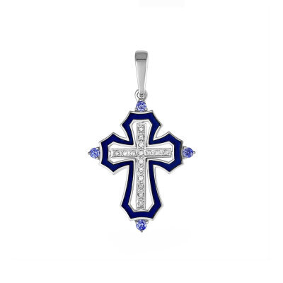 картинка Крест из серебра "Спаси и Сохрани" с эмалью и фианитами (42980) 