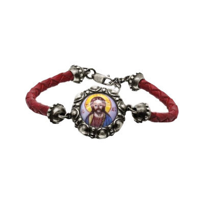 картинка Браслет из кожи и серебра "Спаситель" эмаль финифть (12222) 