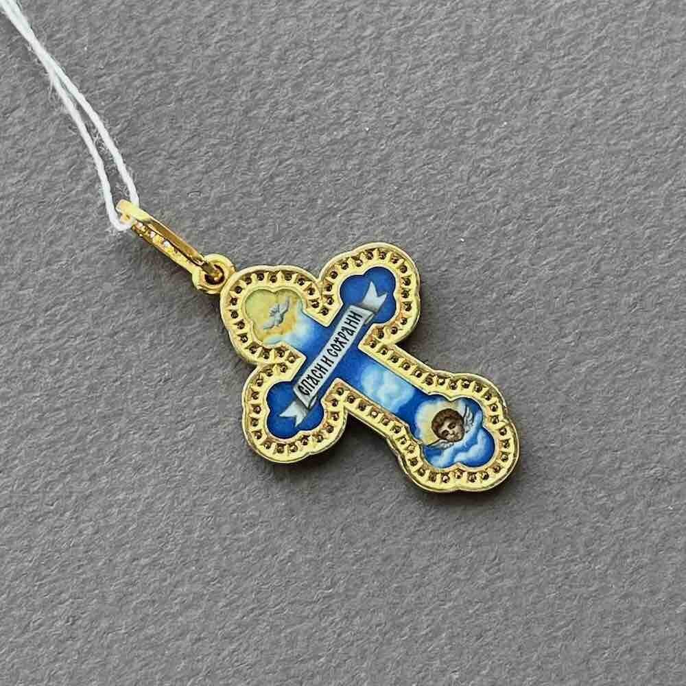 Купить Крест из желтого золота "Спаси и Сохрани" с бриллиантами и эмалью (41373)