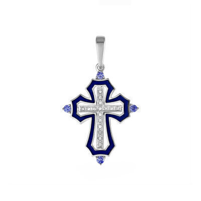 картинка Крест из серебра "Спаси и Сохрани" с эмалью и фианитами (42980) 