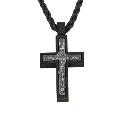 картинка Крест из дерева граб и серебра "Спаси и Сохрани" на гайтане (42617) 