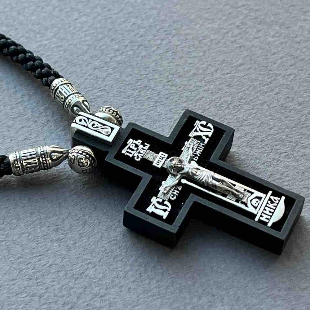 Купить Крест из дерева граб и серебра "Святой Николай Чудотворец" на гайтане (42815)