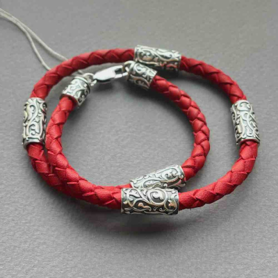 картинка Браслет из кожи и серебра "Византийский узор" (12294) 