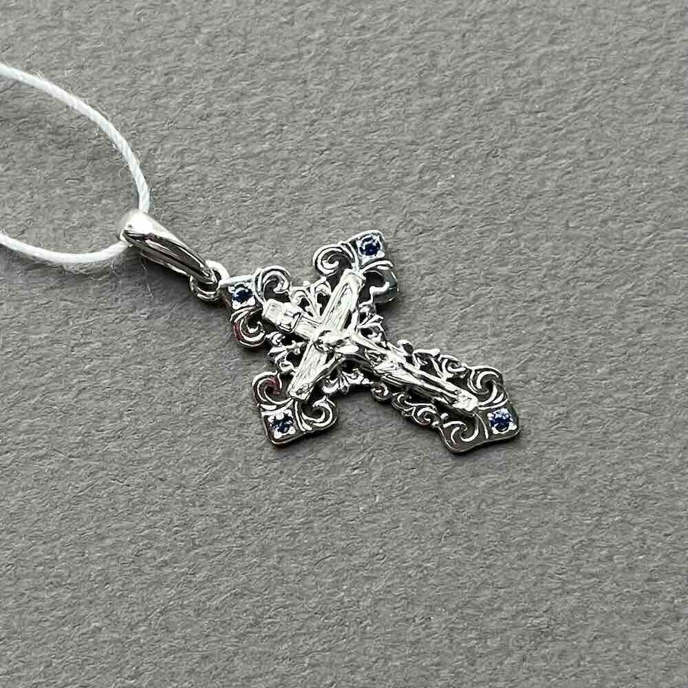 Купить Крест из белого золота "Спаси и Сохрани" с сапфирами (41526)