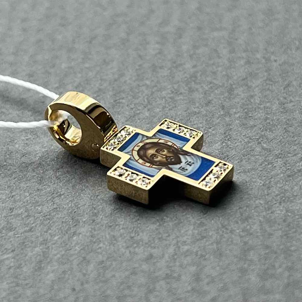 Купить Крест из желтого золота "Спас Нерукотворный" с бриллиантами и эмалью (41539)