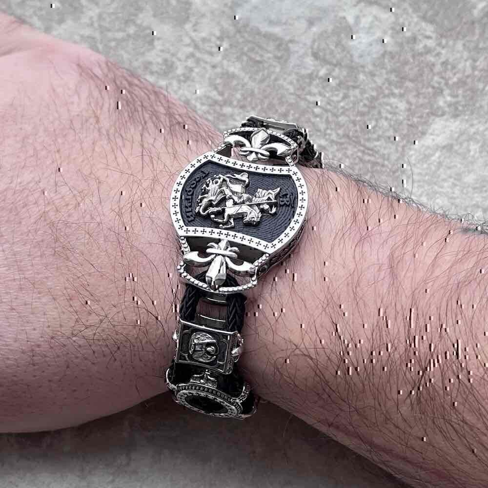 Купить Браслет из шнурка и серебра "Святой Георгий Победоносец" (54125)