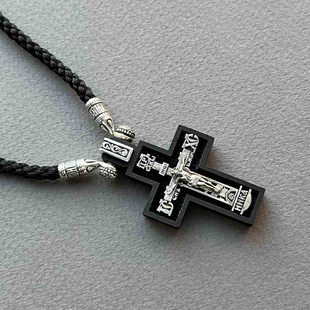 Купить Крест из дерева граб и серебра "Святой Николай Чудотворец" на гайтане (42817)