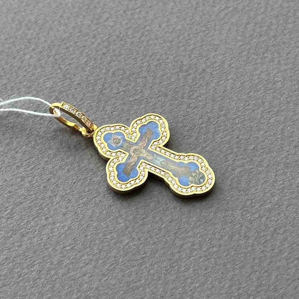 Купить Крест из желтого золота "Спаси и Сохрани" с бриллиантами и эмалью (41373)