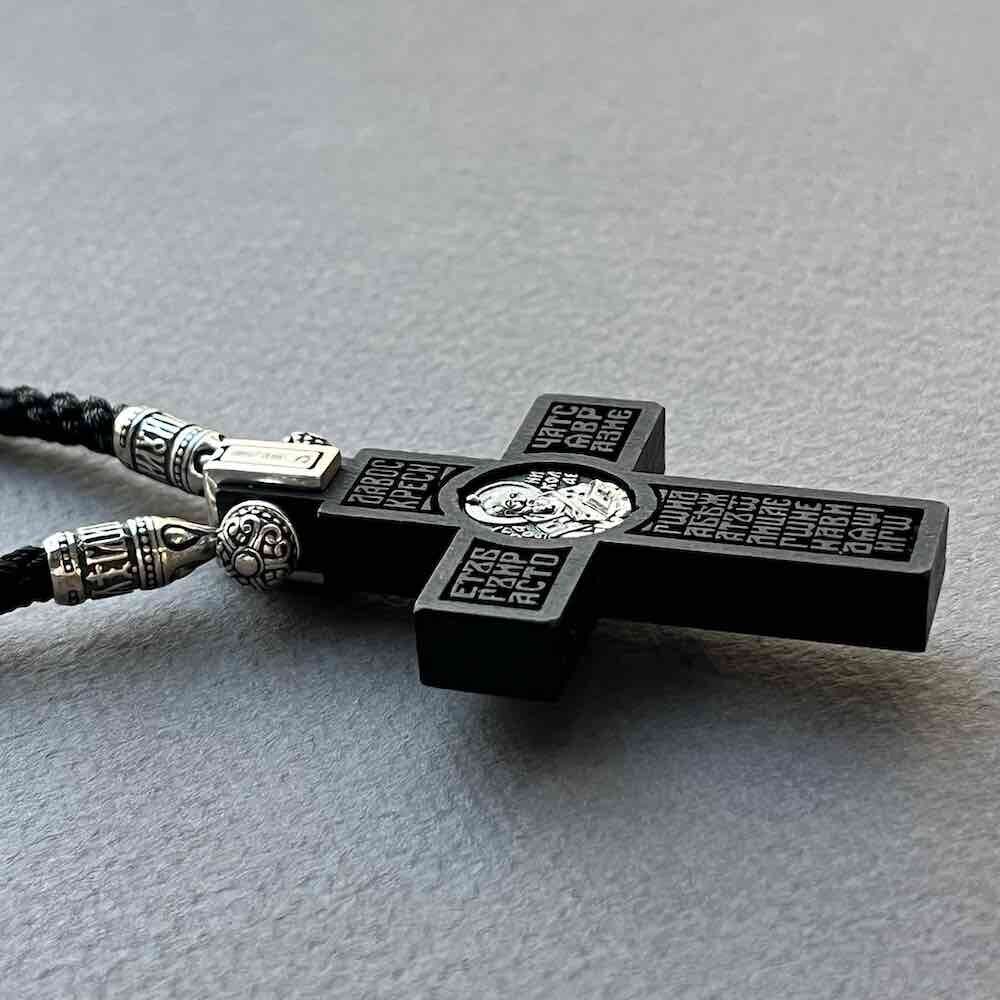 Купить Крест из дерева граб и серебра "Святой Николай Чудотворец" на гайтане (42816)