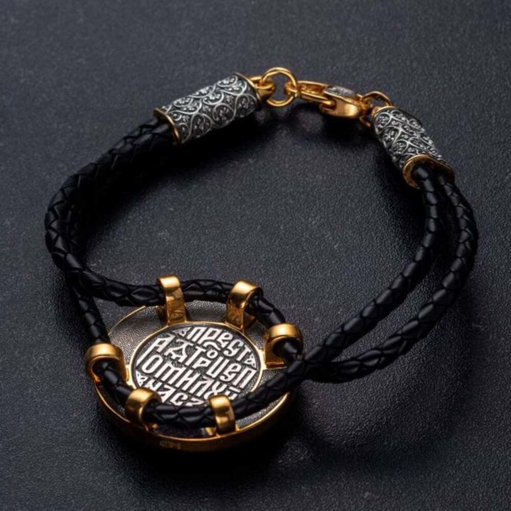 Купить Браслет из кожи и серебра "Святая Троица" (12392)