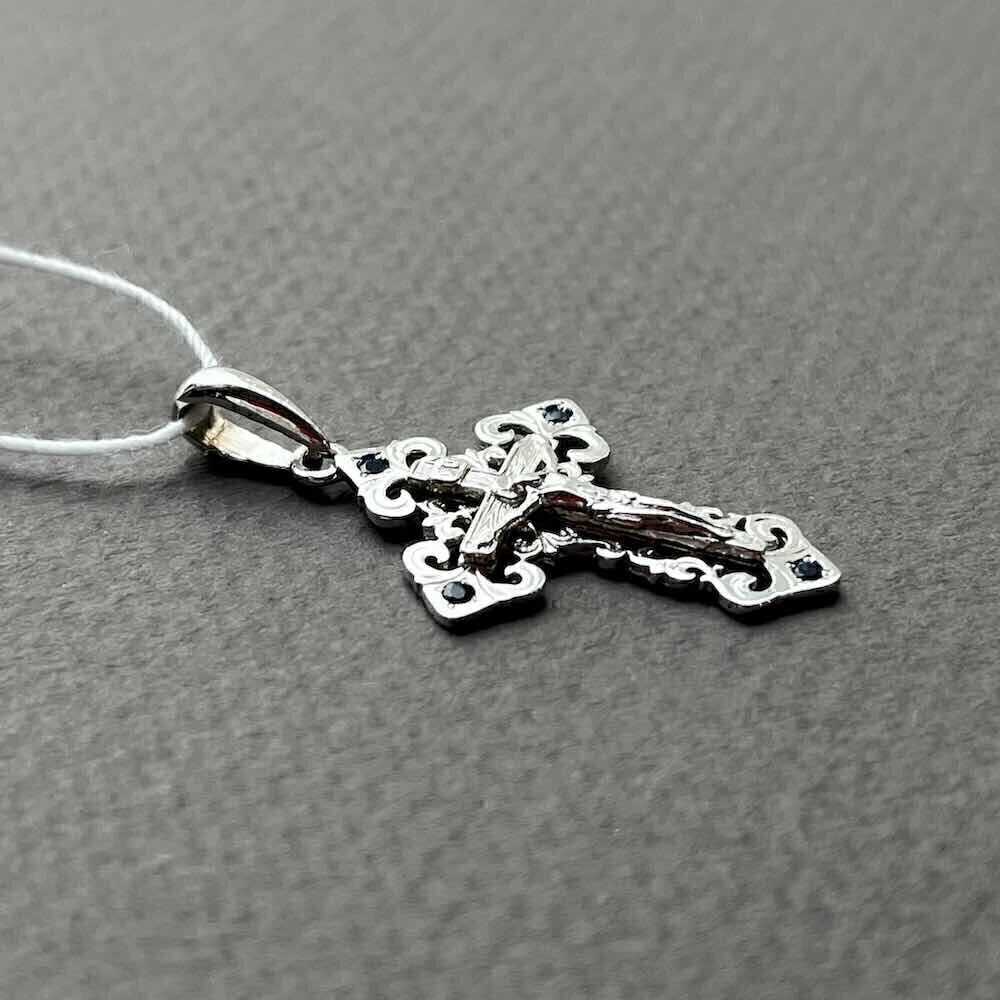 Купить Крест из белого золота "Спаси и Сохрани" с сапфирами (41526)