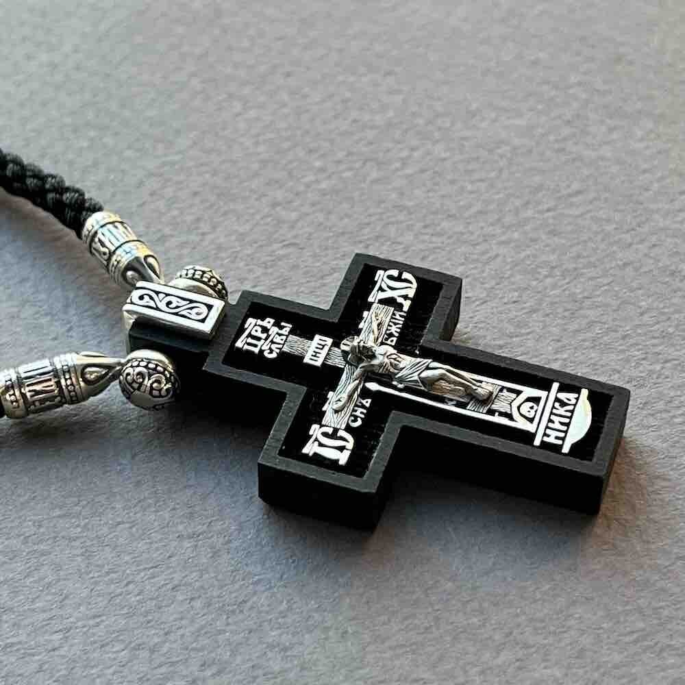 Купить Крест из дерева граб и серебра "Святой Николай Чудотворец" на гайтане (42817)