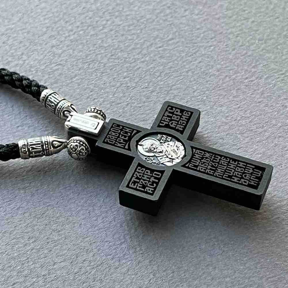 Купить Крест из дерева граб и серебра "Святой Николай Чудотворец" на гайтане (42816)