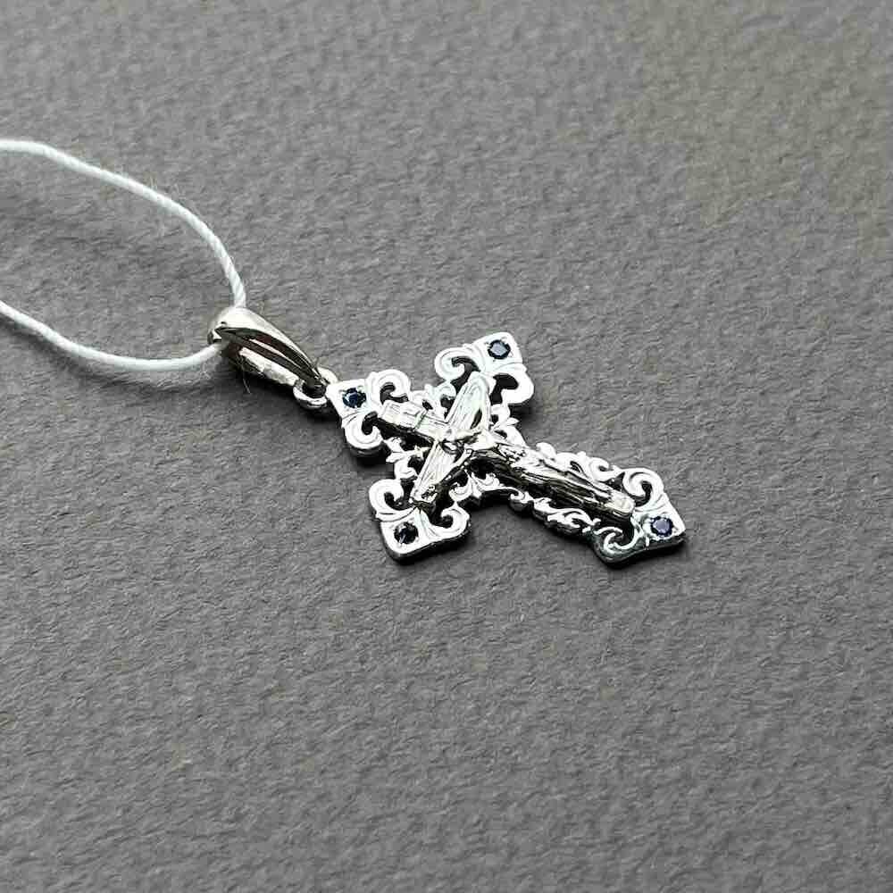 Купить Крест из белого золота "Спаси и Сохрани" с сапфирами (41526)