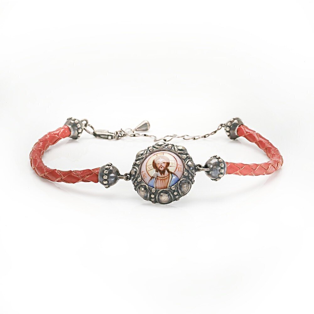 Купить Браслет из кожи и серебра "Спаситель" эмаль финифть (12222)