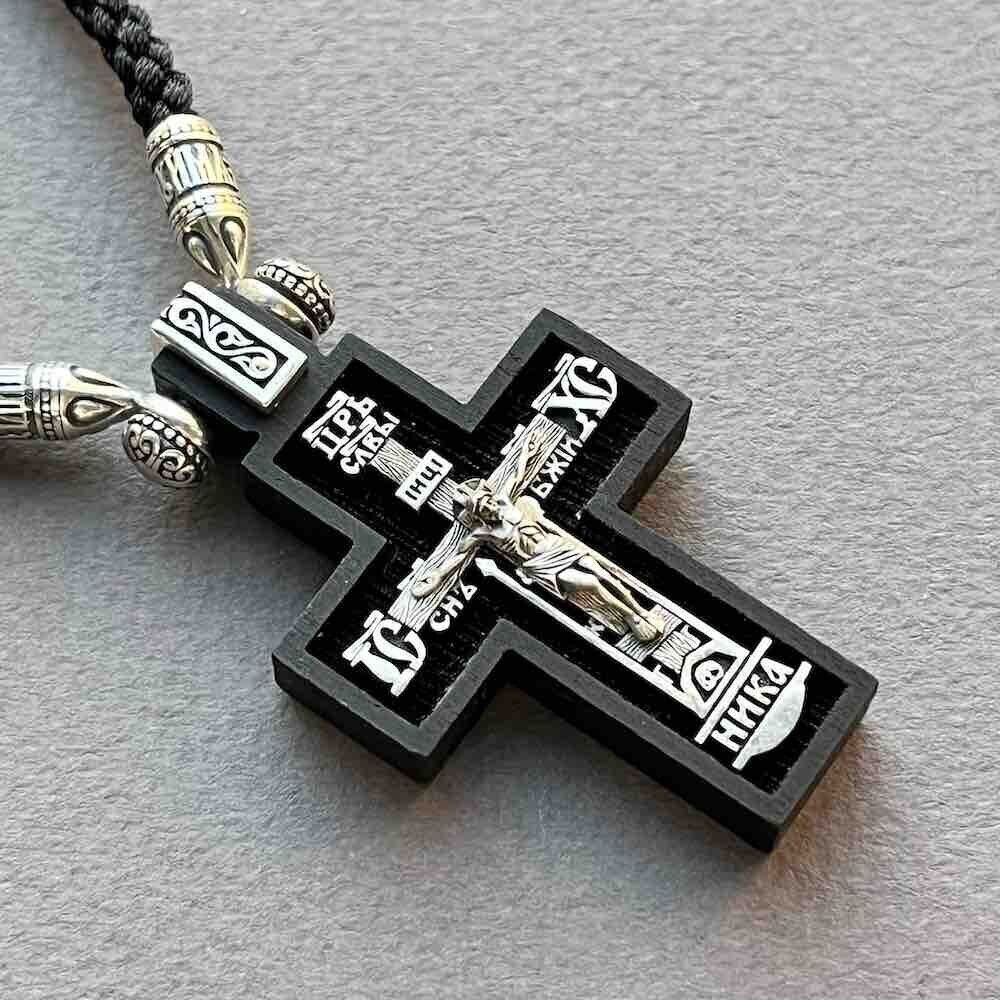 Купить Крест из дерева граб и серебра "Святой Николай Чудотворец" на гайтане (42817)