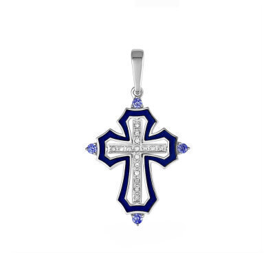 картинка Крест из серебра "Спаси и Сохрани" с эмалью и фианитами (42980) 