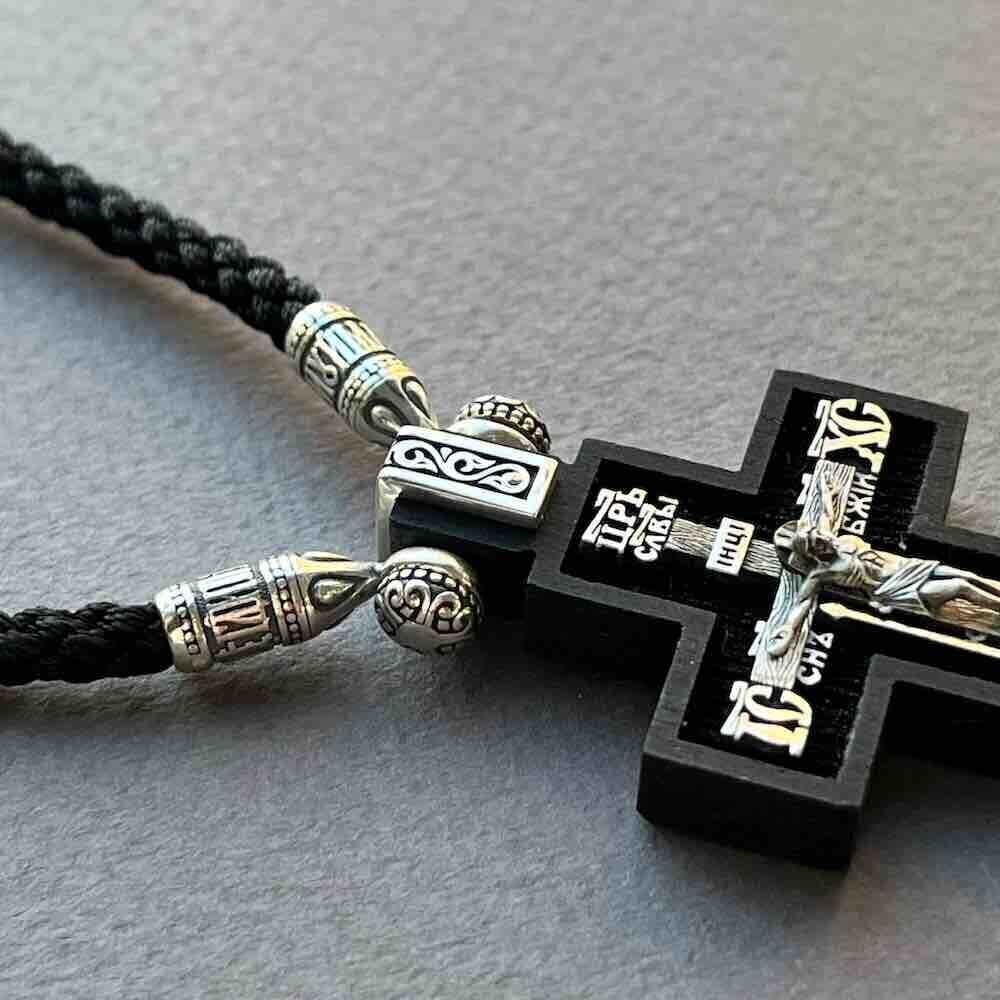 Купить Крест из дерева граб и серебра "Святой Николай Чудотворец" на гайтане (42817)