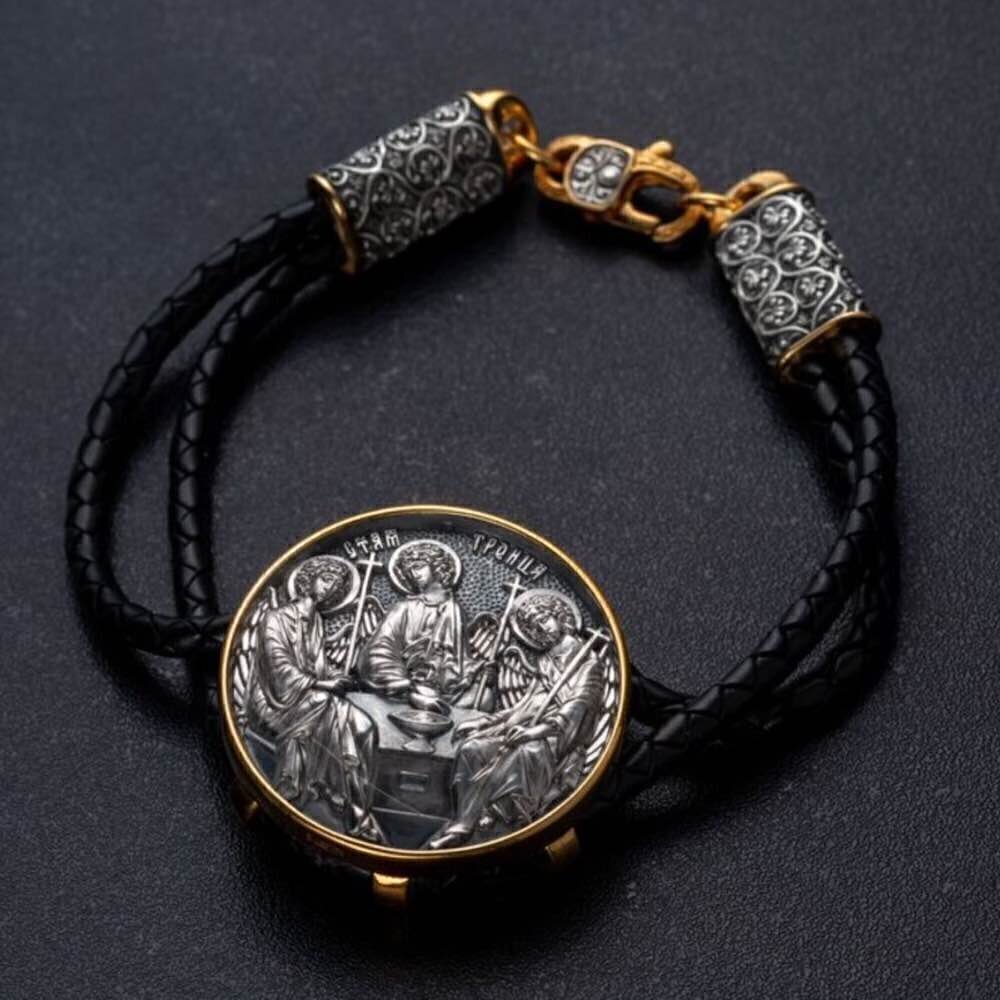 Купить Браслет из кожи и серебра "Святая Троица" (12392)