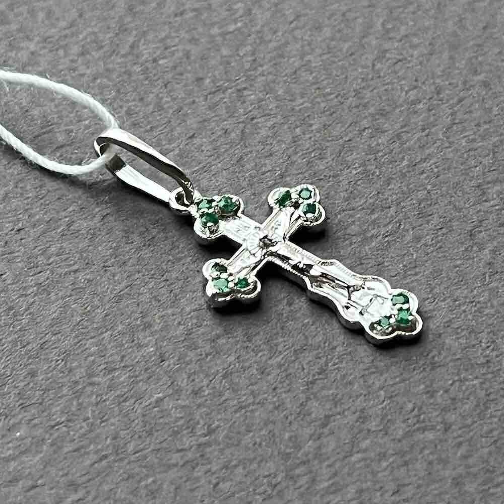 Купить Крест из белого золота "Спаси и Сохрани" с изумрудами (41527)