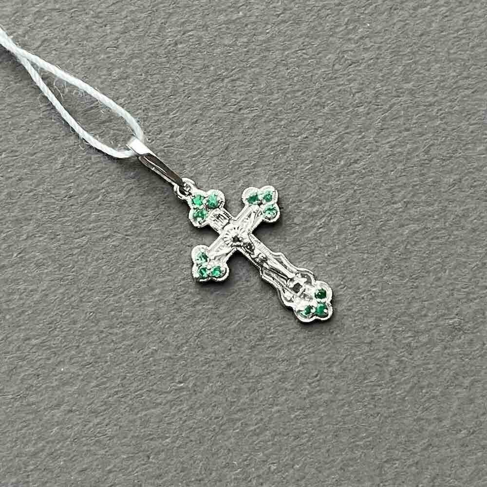 Купить Крест из белого золота "Спаси и Сохрани" с изумрудами (41527)
