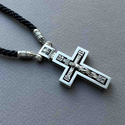 картинка Крест из дерева граб и серебра "Помилуй Мя Грешного" на гайтане (42813) 