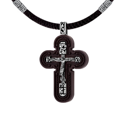 картинка Крест из дерева граб и серебра "Спаси и Сохрани" на гайтане (42655) 