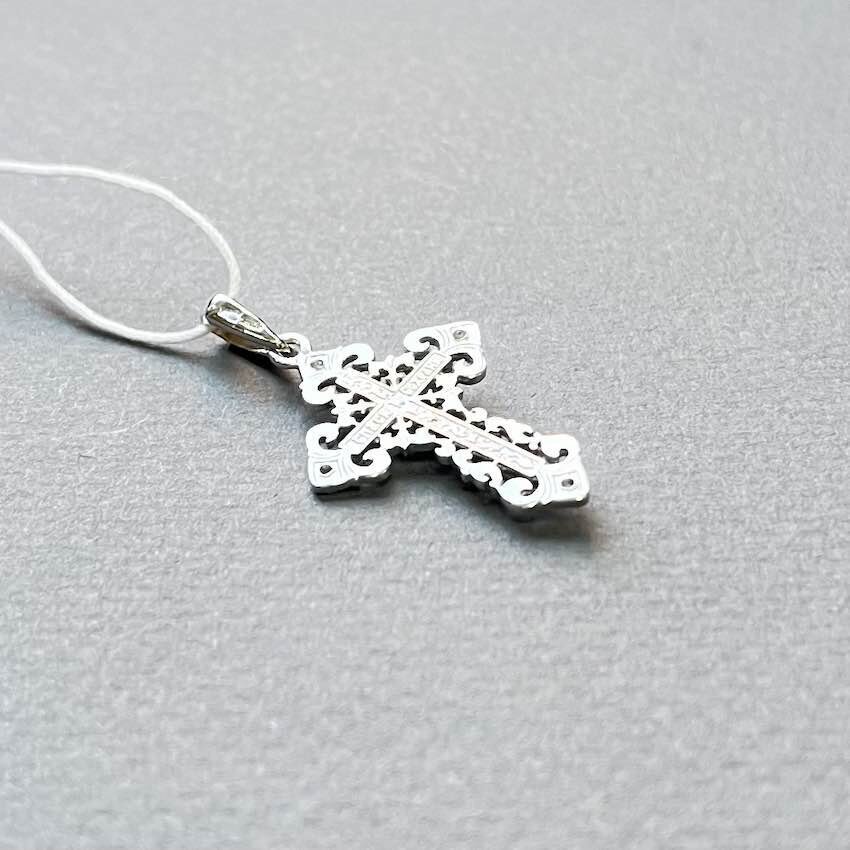 Купить Крест из белого золота "Спаси и Сохрани" с фианитами (41285)