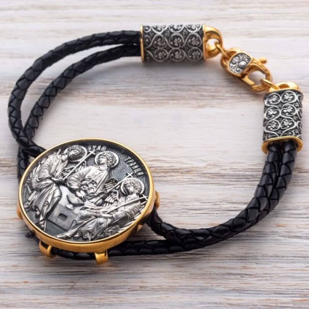 Купить Браслет из кожи и серебра "Святая Троица" (12392)