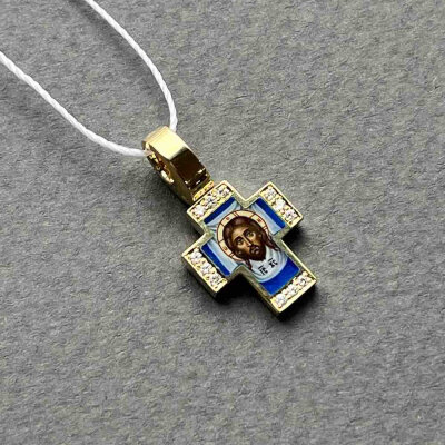 картинка Крест из желтого золота "Спас Нерукотворный" с бриллиантами и эмалью (41539) 