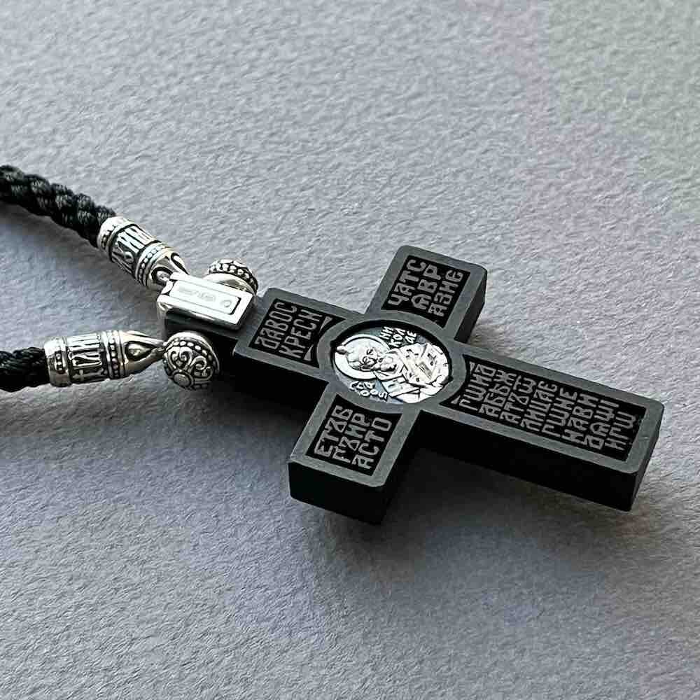 Купить Крест из дерева граб и серебра "Святой Николай Чудотворец" на гайтане (42816)