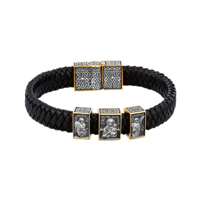 картинка Браслет из кожи и серебра "Божия Матерь Всецарица" (12440) 