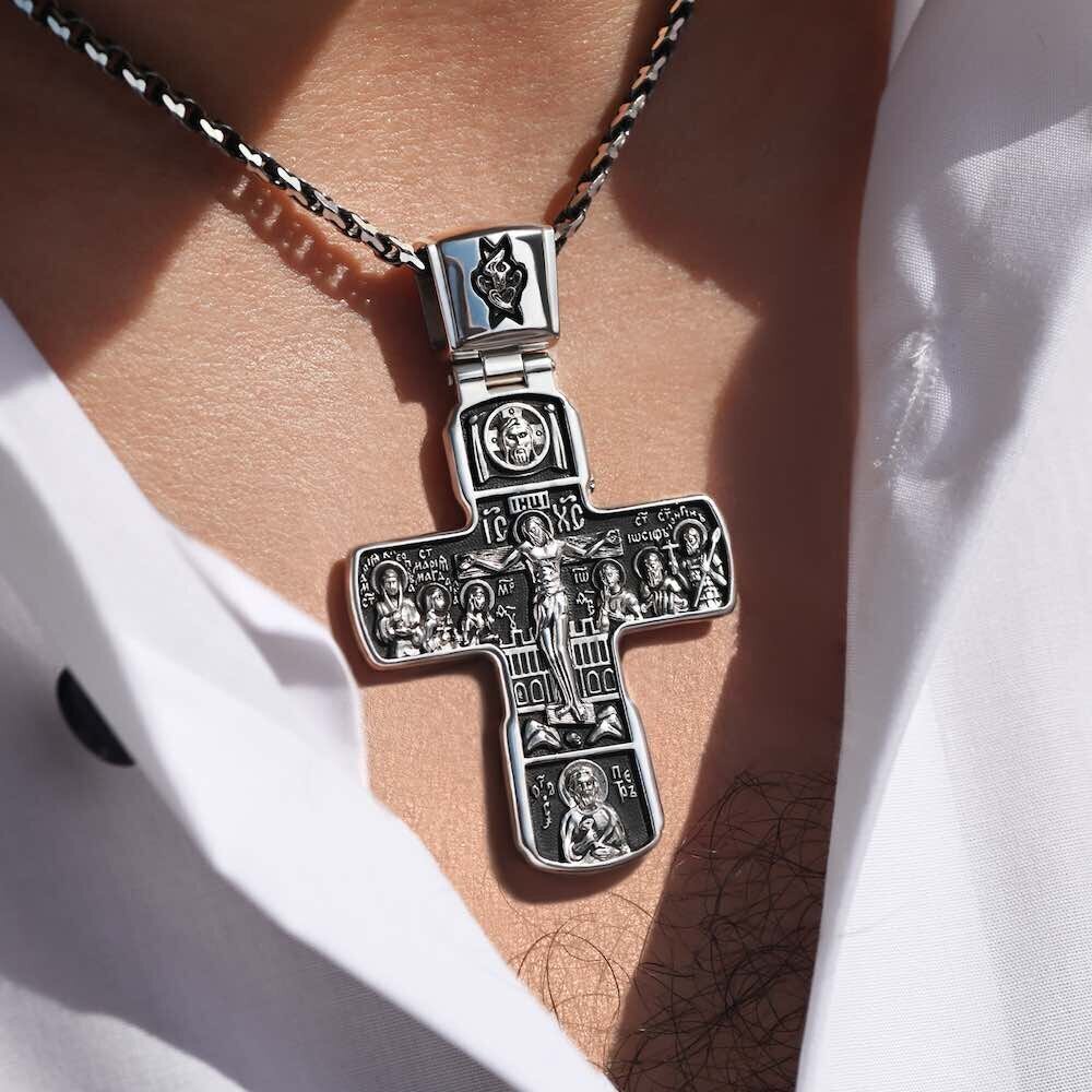 Купить Крест из серебра "Святые покровители" (42717)