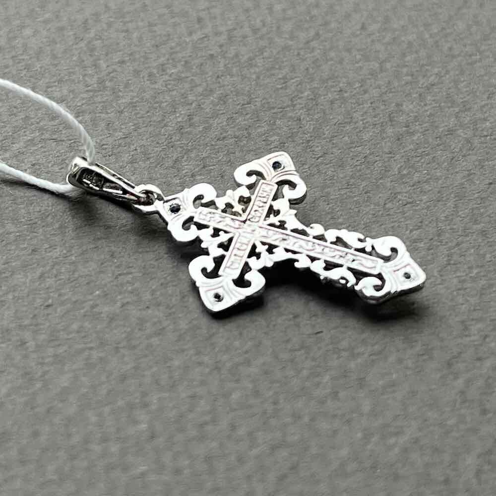 Купить Крест из белого золота "Спаси и Сохрани" с сапфирами (41526)