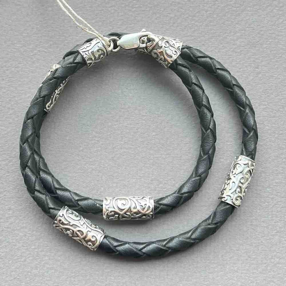 Купить Браслет из кожи и серебра "Византийский узор" (12293)