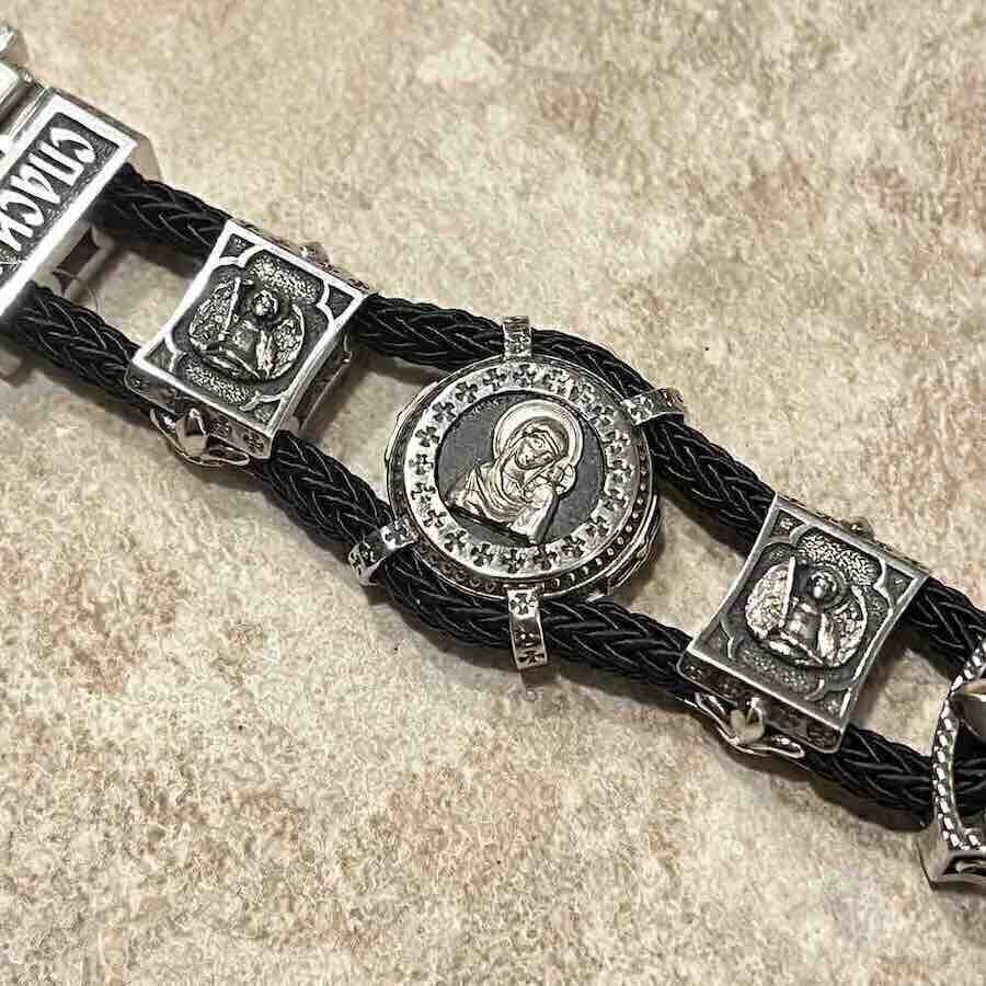 Купить Браслет из шнурка и серебра "Святой Николай Чудотворец" (12073)