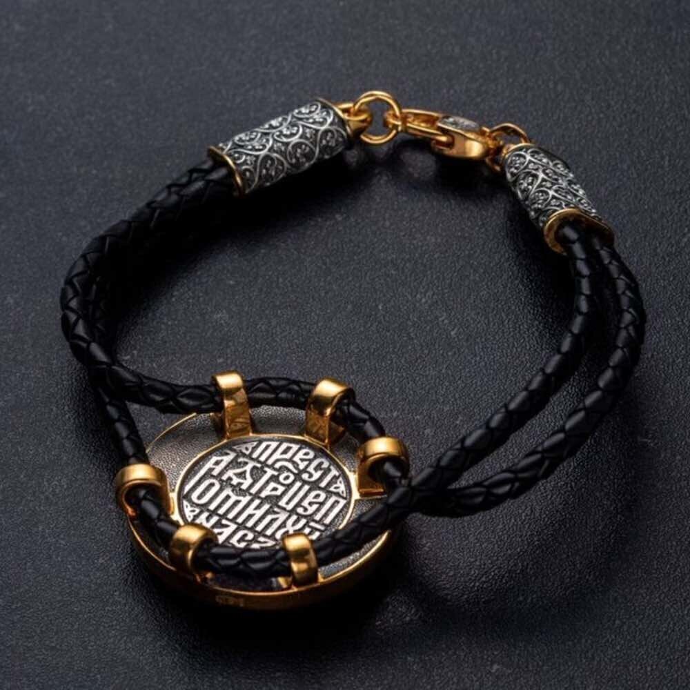 Купить Браслет из кожи и серебра "Святая Троица" (12392)