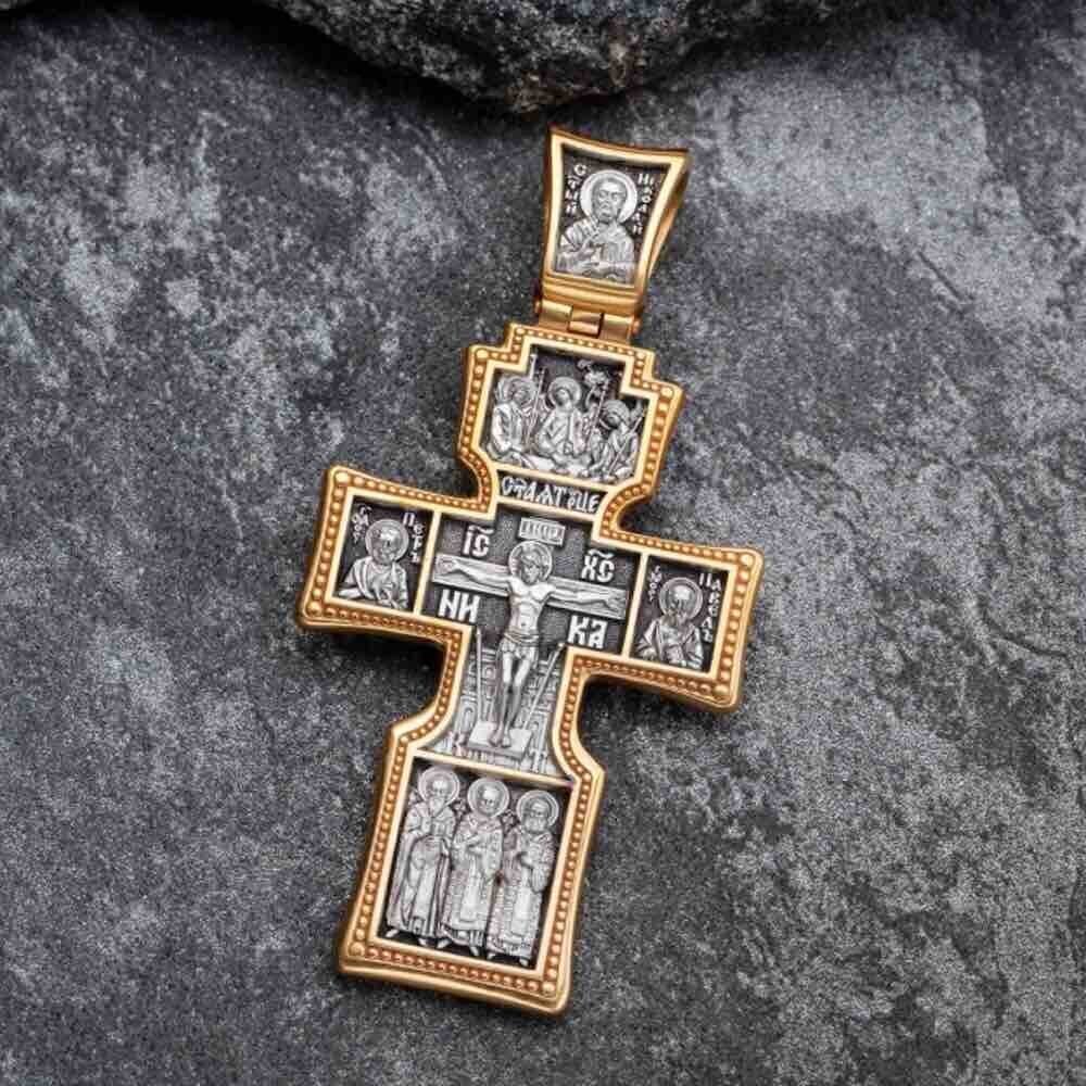 Купить Крест из серебра "Святые покровители" (42854)
