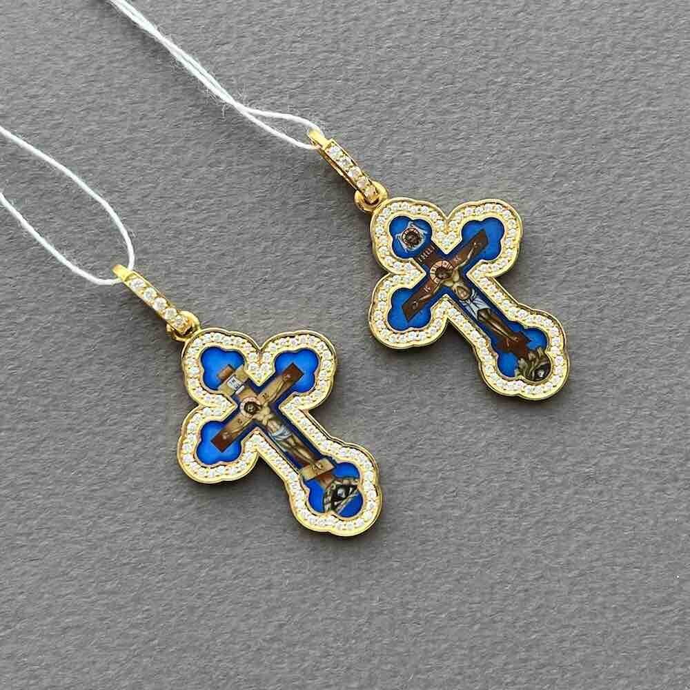 Купить Крест из желтого золота "Спаси и Сохрани" с бриллиантами и эмалью (41373)