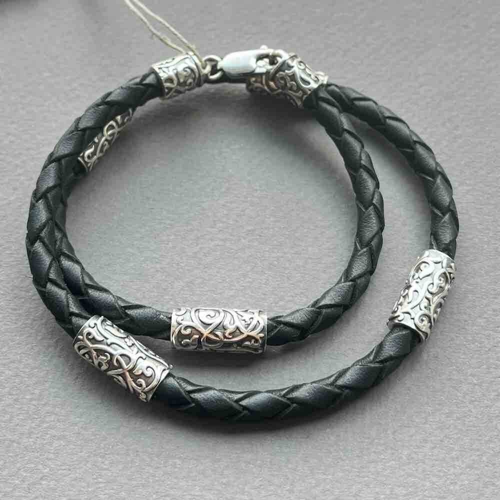 Купить Браслет из кожи и серебра "Византийский узор" (12293)