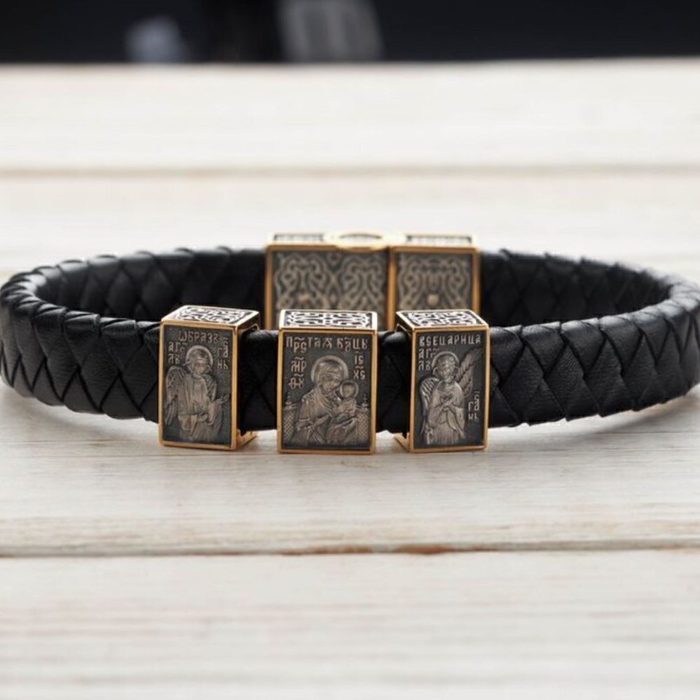 Купить Браслет из кожи и серебра "Божия Матерь Всецарица" (12440)
