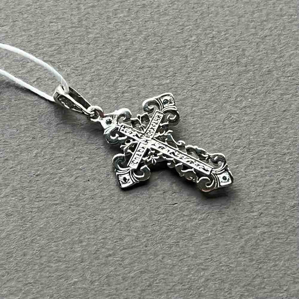 Купить Крест из белого золота "Спаси и Сохрани" с сапфирами (41526)