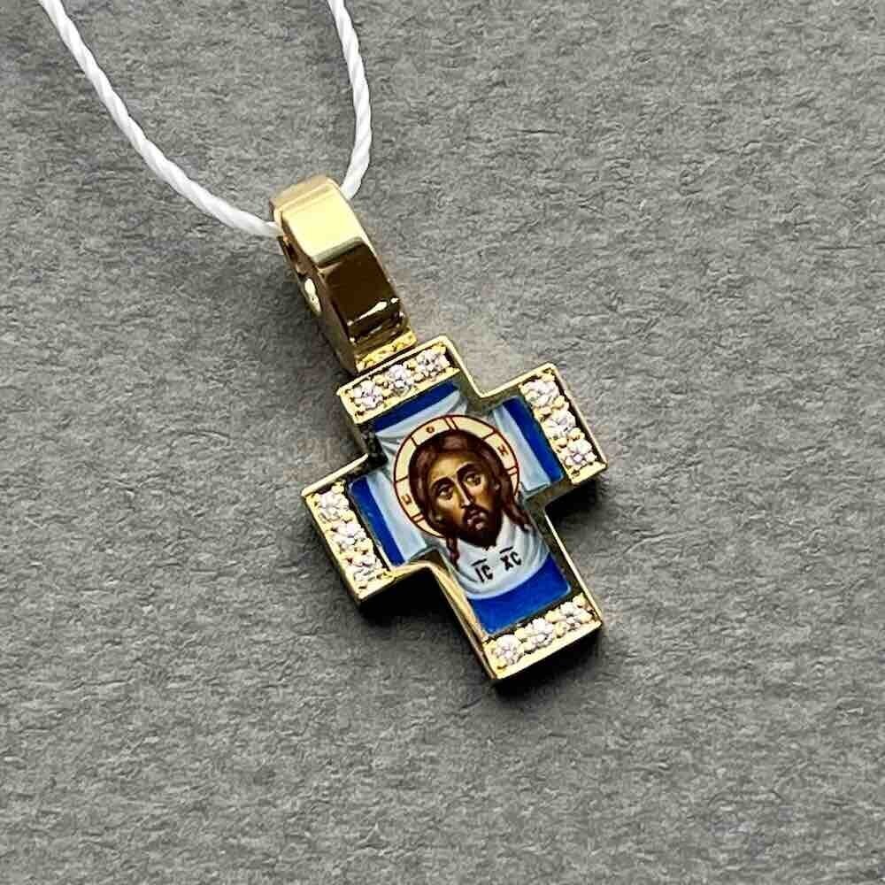 Купить Крест из желтого золота "Спас Нерукотворный" с бриллиантами и эмалью (41539)