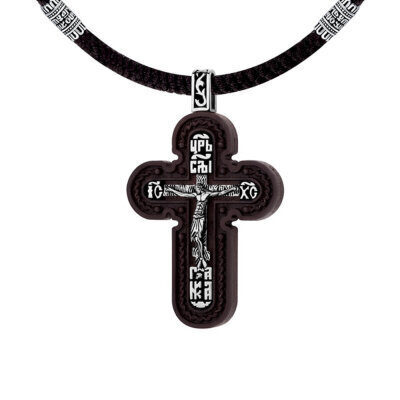 картинка Крест из дерева граб и серебра "Спаси и Сохрани" на гайтане (42655) 