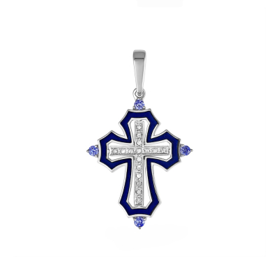 картинка Крест из серебра "Спаси и Сохрани" с эмалью и фианитами (42980) 