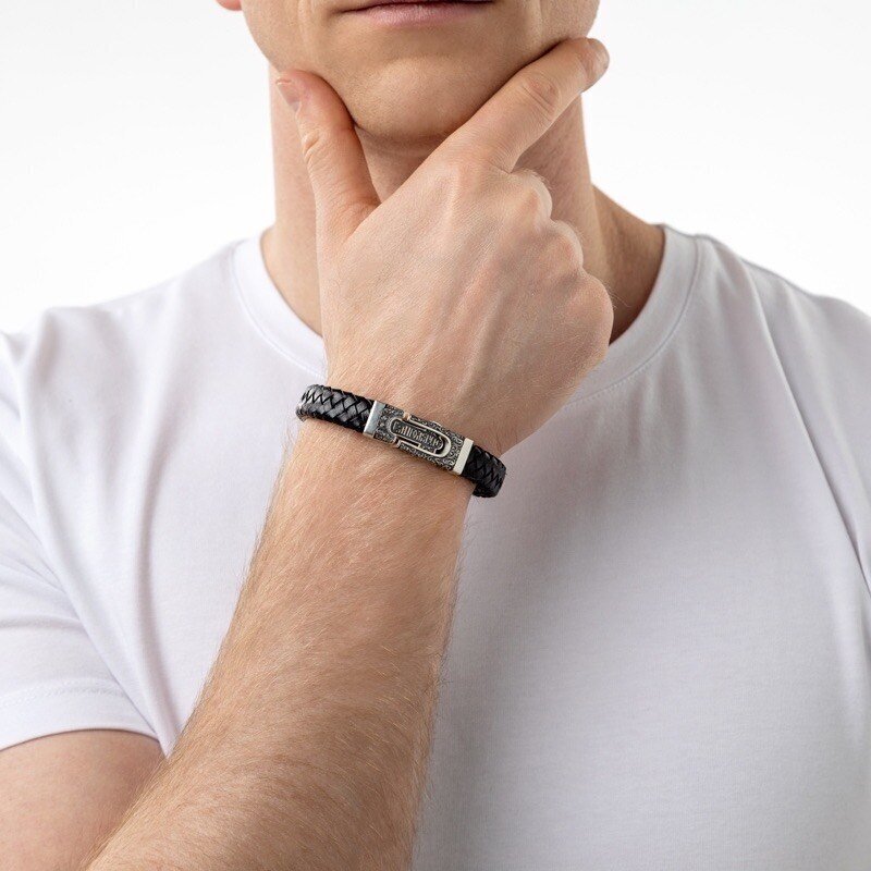 Купить Браслет из кожи и серебра "Молитва покаяния" (12035)