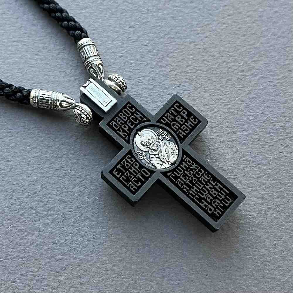 Купить Крест из дерева граб и серебра "Святой Николай Чудотворец" на гайтане (42815)