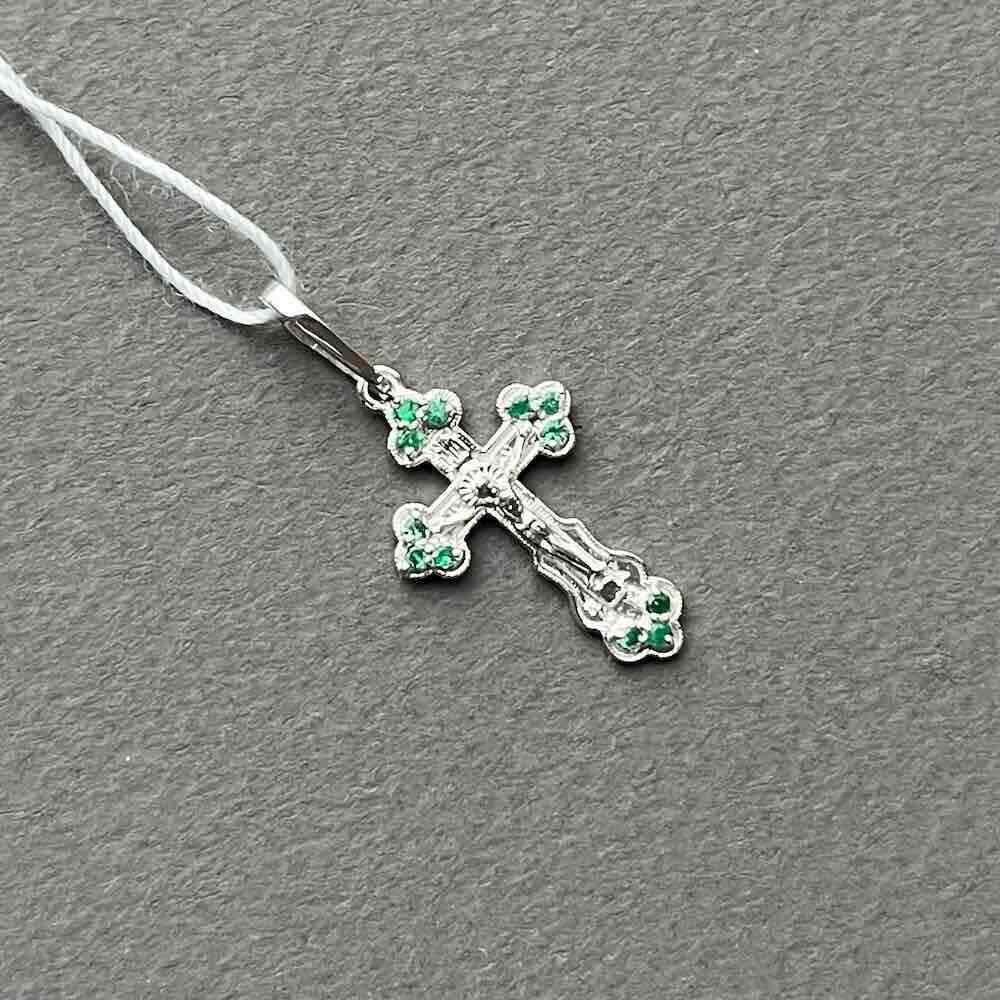 Купить Крест из белого золота "Спаси и Сохрани" с изумрудами (41527)